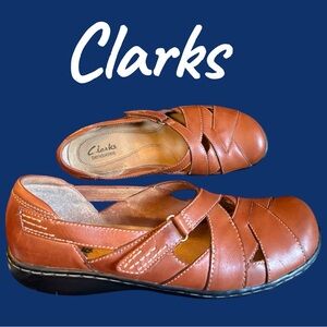 Clarks Bendables Tan Leather Flats criss-cross Mary Jane flats. Size 8.5. EUC!